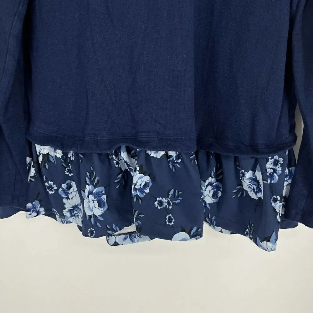 Kate Spade Sweater Size Medium Navy Mixed Media Floral Top Cotton Stretch Shirt